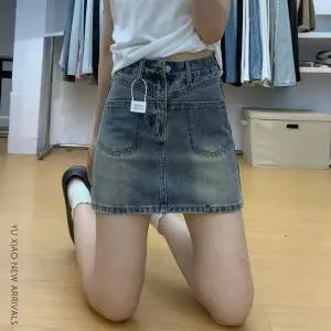 빈티지 블루 데님 스커트 여 여름 신상 하이웨스트 통통 mm 날씬해 보이는 빅사이즈 작은 키 백 힙 a라인