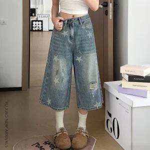 빈티지 찢어진 별 7부 청바지 여자 여름 헐렁헐렁 큰 사이즈 배형 몸매 뚱뚱 mm 날씬해 보이는 와이드 팬츠