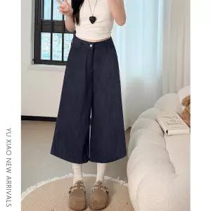 짙은 남색 와이드 다리 7부 청바지 여자 여름 신상 헐렁헐렁 뚱뚱 mm 날씬해 보이고 큰 사이즈 배형 몸매 말바지