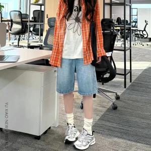블루 와이드 데님 반바지 여자 여름 배 몸매 큰 사이즈 뚱뚱 mm 날씬해 보이고 헐렁헐렁 스트레이트 5분 중 바지