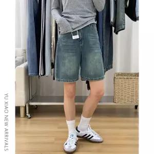 빈티지 블루 하이웨스트 데님 반바지 여자 여름 큰 사이즈 뚱뚱 mm 날씬해 보이는 배 모양 몸매 헐렁헐렁하고 넓은 다리