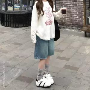 빈티지 블루 와이드 데님 반바지 여자 여름 얇은 핏 날씬해 보이다 배 모양 몸매 헐렁하다 큰 사이즈 뚱뚱하다 mm 5 부 중간