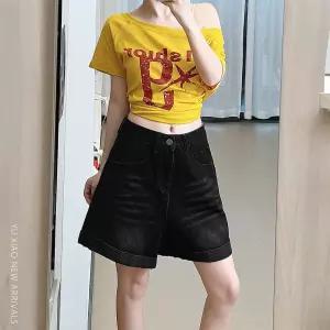 블랙 롤업 와이드 데님 반바지 여성 여름 신상 배모양 몸매 뚱뚱 mm 날씬해 보이는 큰 사이즈 a자 핫팬츠