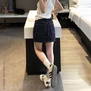 네이비 데님 스커트 여성 여름 신상 하이웨스트 큰 사이즈 작은 키 뚱뚱 mm 날씬해 보이다 배 가리다 a자
