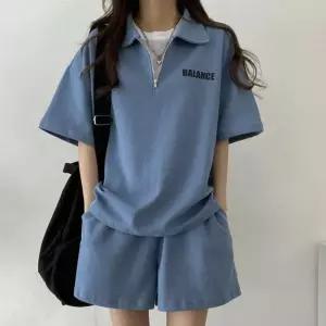 여성 루즈핏 반집업 반팔 반바지 트레이닝 세트