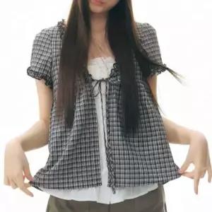 레이스 체크 여리핏 블라우스레이어드티 여성여름 프릴 리본 데일리룩 러블리 반팔가디건