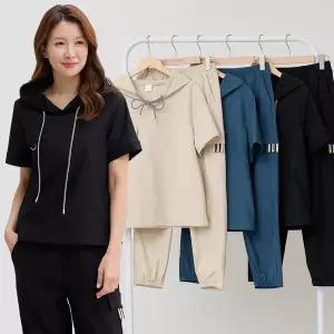 [이브바바]여성 여름 쿨 인견 포켓 반팔 포켓 후드 셋업 트레이닝세트
