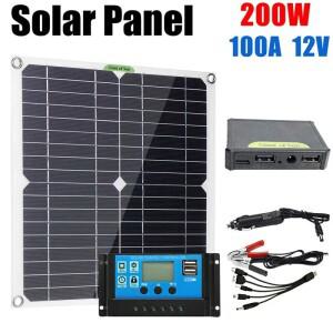 200W 태양 광 발전 시스템 세트 듀얼 USB 콘센트 상자 12V 100A 컨트롤러 홈 야외 캠핑 키트
