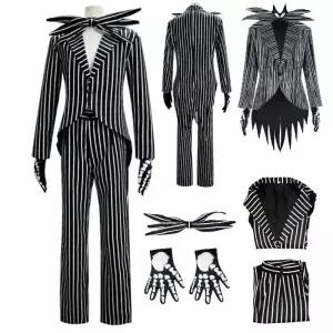 잭 프레 Skellington 의상 성인 남성을위한 환타지아 자켓 바지 복장 남자 할로윈 파티 변장 양복
