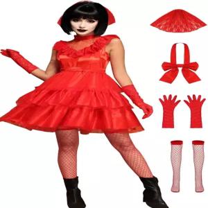 JQAKFIY 리디아 코스튬 여성 레드 웨딩드레스 디츠 브라이드 80년대 할로윈 코스프레 고딕 의상 베일 장갑