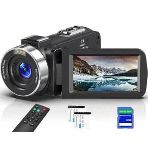 YOLLNER 8K 비디오 카메라 64MP 캠코더 디지털 WI-FI SD 블로깅 카드, 비전 스크린 18X 줌 터치 나이트 포함 배터리 IR 카메라, 32GB 유튜브용 캠코더, 리모컨 및 2개