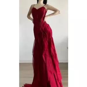 피로연드레스 레드 부티크 자홍색 연말 롱 새틴 140CM 연주회 길이 공연 XS 스