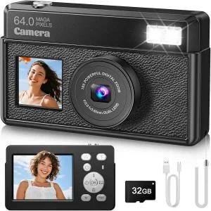 사진 촬영용 4K 디지털 카메라 32GB SD 카드가 장착된 64MP UHD 오토포커스 컴팩트 28인치 대형 화면 및