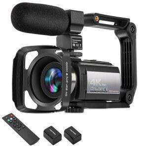 비디오 카메라 캠코더 4K60FPS 48MP 블로깅 포함, 16X 리모컨, 후드, WI-FI 2개 스크린용 IR 3인치 렌즈 스태빌라이저 배터리 스테레오 휴대용 디지털 야간 터치 마이크, 유튜브 시야, 외부