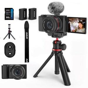 ORDRO 사진용 5K 디지털 카메라 - 플립 그립, 카드 메모리 및 광학 크리에이터 64GB 64MP 블로깅 여행 12X 카메라, 마이크 삼각대 유튜브 스크린, 콘텐츠