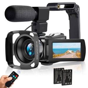 LOVPO 캠코더 비디오 카메라 4K 48MP 포함 HD 배터리 디지털 18X 마이크, 터치 레코더, 블로깅 및 스크린 렌즈 후드, 동물원 카메라, 3인치 리모컨 스태빌라이저, 2개