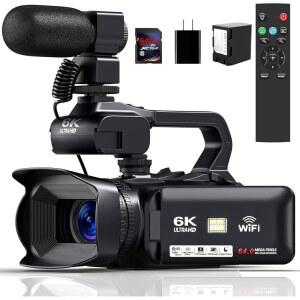 JIOWEATHER 캠코더 비디오 카메라 HD 6K 마이크, 포함 스크린 18X 스태빌라이저 디지털 유튜브 줌 IR 64GB 카드, 나이트 비전 4.0인치 SD 블로깅 리모컨, 터치 카메라, 64MP