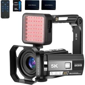 ORDRO 5K 나이트 비전 캠코더 30MP IR 메모리 리모컨, IPS 32G 24FPS 카메라, 조명, 3인치 카메라 블로깅 카드 스크린 디지털 휴대용 홀더, 터치