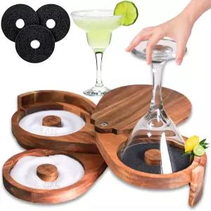 마가리타 소금 리머 칵테일 세트 블러드 메리 데킬라용 소금/설탕/라임 조미료용 아카시아 우드 유리 3단