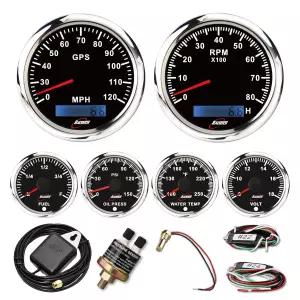 RACETECH 6 게이지 계기판 85mm 속도계 20MPH 및 타코미터 8000 RPM 유 수온계 블랙 다이얼 7색 2V/24V