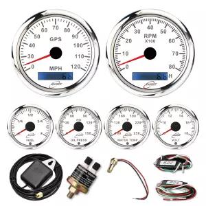 RACETECH 6 게이지 계기판 85mm 속도계 20MPH 및 타코미터 8000 RPM 유 수온계 화이트 다이얼 7색 2V/24V