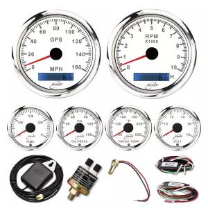 RACETECH 6 게이지 계기판 85mm 속도계 60MPH 및 타코미터 0000 RPM 유 수온계 화이트 다이얼 7색 2V/24V