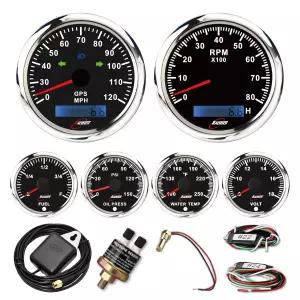 RACETECH 6 게이지 계기판 85mm 속도계 20MPH 표시기 및 타코미터 8000 RPM 유 수온계 블랙 다이얼 7색