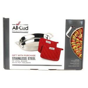 All-Clad 냄비 홀더가 있는 스테인리스 스틸 38.1cm(15인치) 타원형 베이커