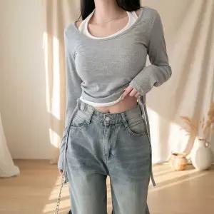 [하프클럽/]여성 배색 레이어드 홀터넥 셔링 티셔츠 반지 남방