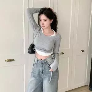 [하프클럽/]여성 홀터넥 배색 레이어드 사이드 셔링 티셔츠 반지