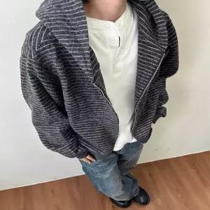 남성용 가을 살구 후드티 집업 스트라이프 후드티셔츠 카디건 커플 admr3