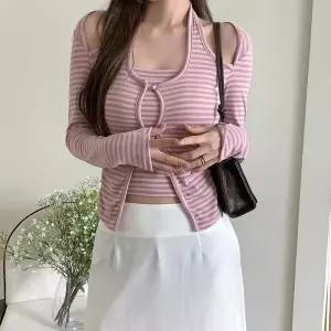 [하프클럽/]여성 봄 여름 스트라이프 홀터넥 레이어드 티셔츠