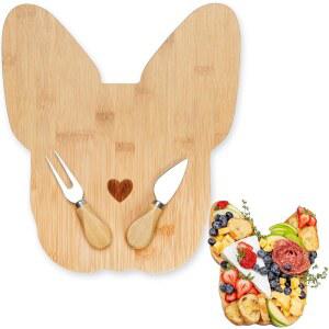 Monstera Home - 광택 대나무 프렌치 치즈 보드/도마 세트 매칭 나이프와 포크 포함 31cm x 10.8cm(12.25인치 4.25인치) 선물용 불독 샤퀴테리 보드