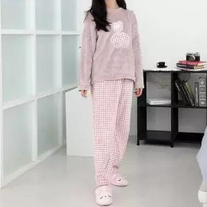 [하프클럽/]극세사 수면잠옷 상하세트 체크베어핑크