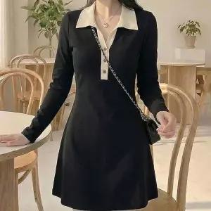 [하프클럽/]여성 카라 배색 버튼 블랙 긴팔 미니 원피스 카라 데일리 원피스