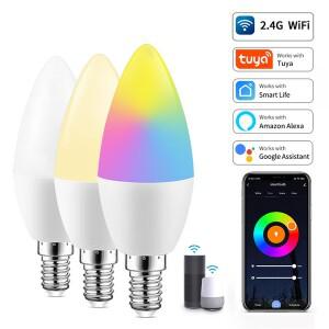 Tuya 스마트 와이파이 LED 전구 E14 캔들 라이트 밝기 조절 RGB 램프 앱 음성 제어 알렉사 구글 어시스턴트