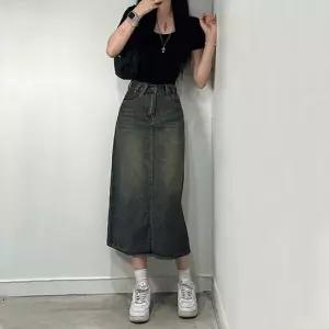 여성 데님 워싱 롱 청 스커트 뒷트임 청치마 Y2K 청롱치마 A라인롱스커트 롱데님스커트