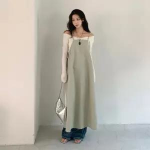여자 스트링 포인트 끈 나시 롱 레이어드 원피스