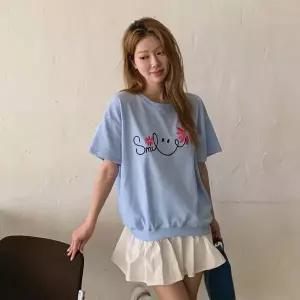 [하프클럽/]여자 면폴리 루즈핏 꽃 스마일 자수 반팔 맨투맨 티셔츠