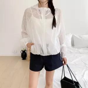 여자 루즈핏 크롭 후드 도트 비침 얇은 폴리나일론 경량 바람막이