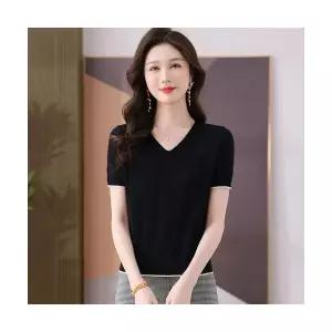 여사친 니트 실크 하계 함유 통기 상의 편안한 코사지 얇은 독보적인예쁨 반팔 티셔츠 뽕나무 인기2