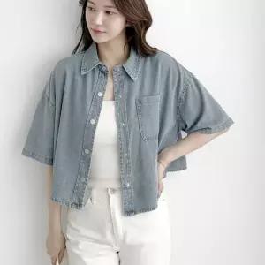여자 청남방 셔켓 포켓 카라넥 크롭 박스핏 여름 셔츠
