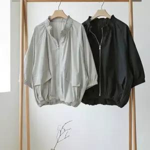 여자 데일리 루즈핏 셔링 넥라인 바람막이 점퍼