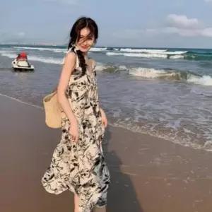 바캉스 여름 데일리 플라워 원피스 롱 앞리본 여성 WFNJ0BK