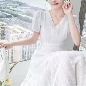 여성 봄 여름 브이넥 고급 퍼프 펀칭 롱 원피스 화이트 WFNJ0S5