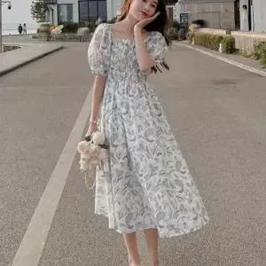 여성 여름 데일리 플라워 퍼프 밴딩 롱 원피스 WFNJ0DC