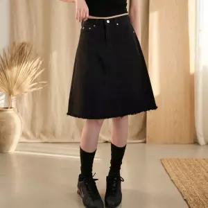 [옷자락] 여성 A라인 데님 미디 스커트 5부 논스판 청치마