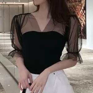 시스루 퍼프 소매 반팔 니트 파티 스커트 코디 여친룩 HgA46lvb