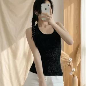 [옷자락] 여성 여름 슬림핏 펄 홀터넥 나시 스판