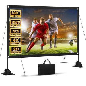 스탠드가 있는 120인치 프로젝터 스크린: 휴대용 스크린 야외 실내 전면/후면 16:9 4K HD(캐리백, 샌드백 포함) - 뒷마당, 캠핑, 극장용 경량 영화
